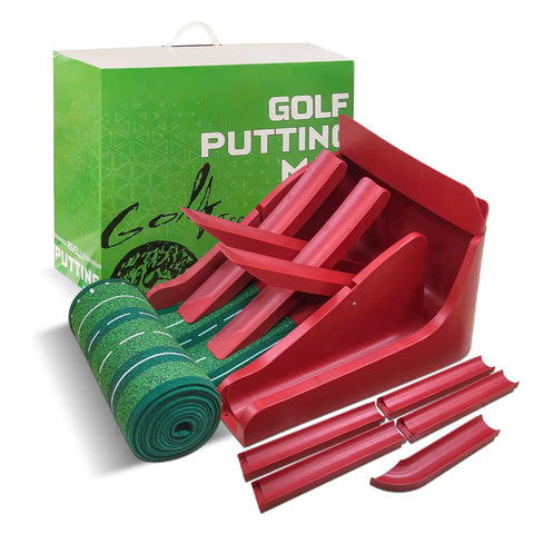 Indoor Golf Putting Mat With Auto Ball Return And 8.7 Feet Of Realistic Green Speed set with components and packaging