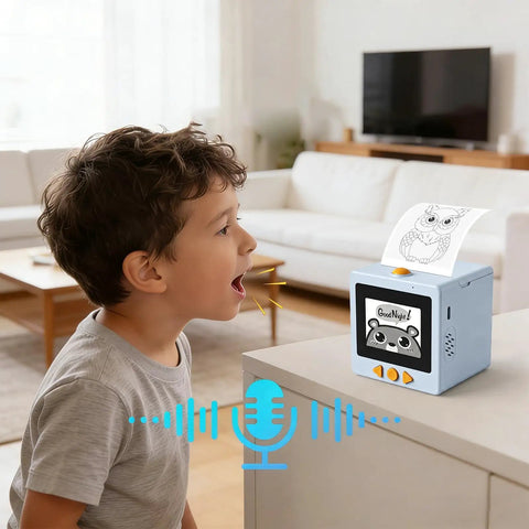 Smart AI Voice Controlled Thermal Sticker Printer With 2.4 Inch HD Display And Portable ABS Construction For Hassle Free Setup, child using the printer.