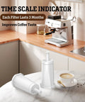 Top Shelf 6 Pack Water Filter Replacements For Breville Espresso Machines Clearing Sticky Scale Buildup Compatible With Barista Pro Touch Oracles Dual Boiler For Smooth Daily Sippin, featuring two filters and a cup of coffee.