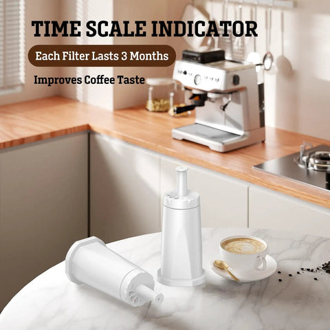 Top Shelf 6 Pack Water Filter Replacements For Breville Espresso Machines Clearing Sticky Scale Buildup Compatible With Barista Pro Touch Oracles Dual Boiler For Smooth Daily Sippin, featuring two filters and a cup of coffee.