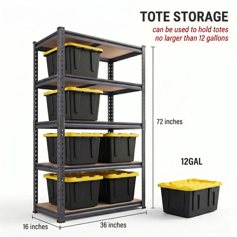 Beefy Five Tier Boltless Garage Shelving Unit With Extra Deep Shelves, 36 W By 16 D By 72 H Inches, Heavy Duty Steel Rack Supports Up To 570 Lbs Per Shelf 2850 Lbs Total, Perfect For Warehouse Basement Workshop Storage Black, holds 12-gallon totes