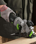 Galax Pro 20V cordless mini circular saw cutting wood; includes 24T/60T blades and laser guide, 3400 RPM.