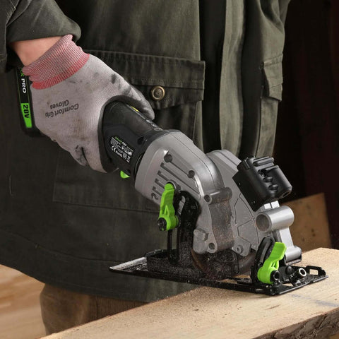 Galax Pro 20V cordless mini circular saw cutting wood; includes 24T/60T blades and laser guide, 3400 RPM.