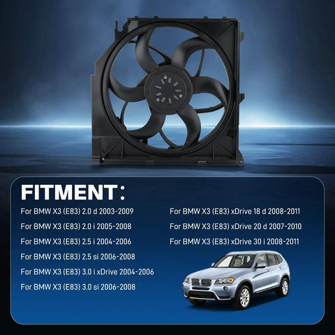 Zero Sweat Direct Swap Slick Heavy Duty Electric Radiator Cooling Fan Replacement For BMW X3 E83 size and fitment details