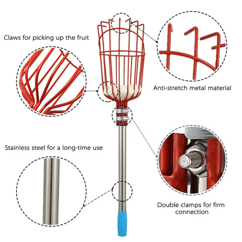 Close-up of Game Changer Fruit Picker Pole With Large Metal Basket And Long Adjustable Handle showing details and clamps