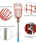 Close-up of Adjustable 8 Ft Fruit Picker Pole With Large Metal Basket And Soft Pad showing features and red basket details