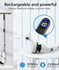 Electric Spin Scrubber Cordless With Full Body IPX7 Waterproof Design LCD Display Adjustable Extension Handle shown charging