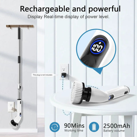 Electric Spin Scrubber Cordless With Full Body IPX7 Waterproof Design LCD Display Adjustable Extension Handle shown charging