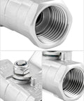 Close-up of 1/2 Inch NPT Stainless Steel Ball Valve 4 Pack, showing female threads and durable 304 stainless construction for liquids and gases.