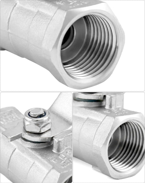 Close-up of 1/2 Inch NPT Stainless Steel Ball Valve 4 Pack, showing female threads and durable 304 stainless construction for liquids and gases.