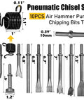 Beefy 10 Piece Air Hammer Bits Set With Spring Retainer for tile masonry concrete, 9 chisel bits, heavy carbon steel tools
