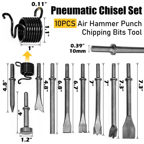 Beefy 10 Piece Air Hammer Bits Set With Spring Retainer for tile masonry concrete, 9 chisel bits, heavy carbon steel tools