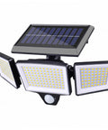 Hotainoys Solar Motion Sensor Outdoor Lights, 3-Head 208led Solar Flood Lights Outdoor Waterproof for Patio Backyard, Gray, Security with three LED panels and solar panel.