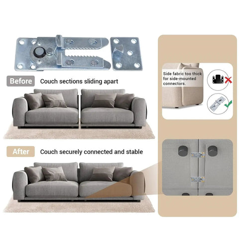 Lock It Down Heavy Duty Sofa Connectors For Sectional Couches With Adjustable Interlocking Brackets And Stainless Steel Screws in use.