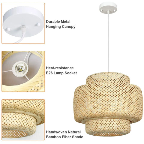 Hand-Woven Bamboo Pendant Light With Natural Rattan Shade, 16 Inch Farmhouse Style Chandelier, Adjustable Hanging Fixture For Kitchen Island, Cozy Vibe For Living Room And Dining Room, E26 Base Compatible