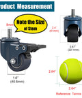 Heavy Duty M8 1.25 Threaded Stem Caster Wheels Set Of 4 1.6 Inch Swivel PU Castors With Locking Brake, size comparison with tennis ball.