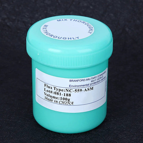 100 Gram No Clean Solder Paste For Phone Repair And PCB Rework NC559 28um Formula green container, 100g label visible