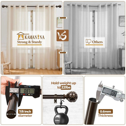 Comparison of curtain rod strength with focus on 7/8 inch diameter heavy duty adjustable curtain rod set stretching from 32 to 144 inches, showing weight support of 22 lbs and thickness measurement.