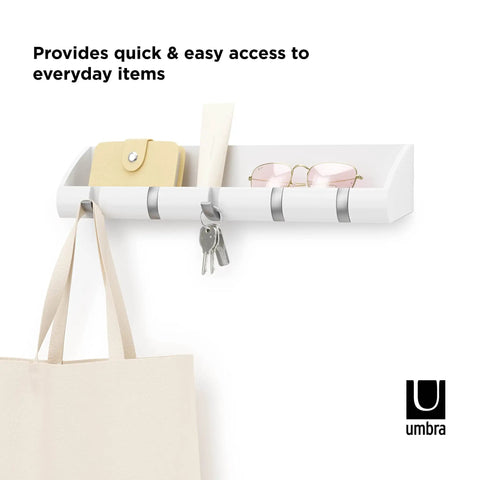 Cubby Entryway Organizer With Mail, Phone, And Wallet Compartment Plus Five Flip Up Hooks For Keys And Small Accessories, White