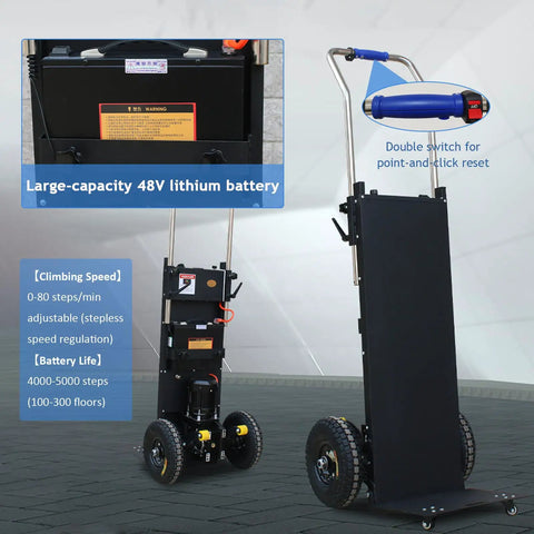 Ultra Heavy Duty Electric Stair Climbing Dolly Handles Up To 880 Pounds With Smooth Stepless Speed Control For Tough Jobs And Easy Moves Without The Sweat, showcasing large-capacity 48V battery.