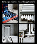 Multiple angles showing Heavy Duty High Carbon Steel PVC Pipe Bender in action with various PVC tubing setups.