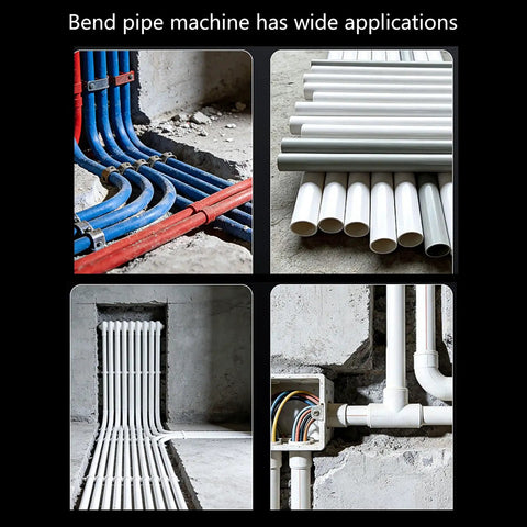 Multiple angles showing Heavy Duty High Carbon Steel PVC Pipe Bender in action with various PVC tubing setups.