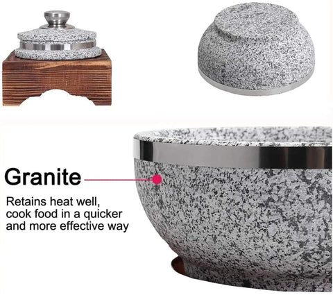 Heavy Duty Granite Clay Pot With Wood Base For Korean Dolsot Bibimbap And Donabe Style Dishes, close-up of textured granite material