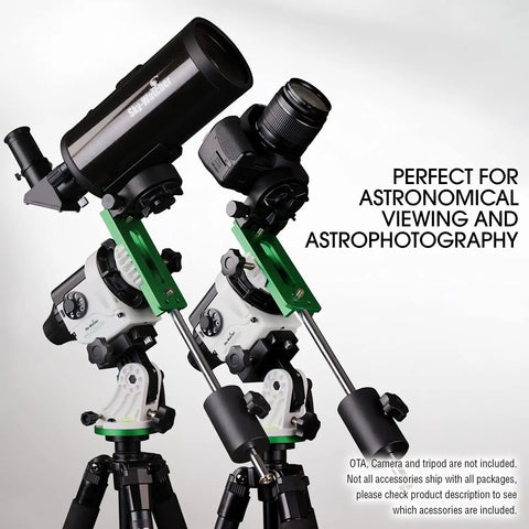 Motorized Night Sky Tracker For DSLR Cameras On The Go Portable Astro Imaging Rig With Remote Control Time Lapse And Panorama Ready Long Exposure Milky Way Photography Compatible With Tripods S20510 Pack showcasing dual DSLR mounts on green and black tripod adapters for astronomical viewing and astrophotography.