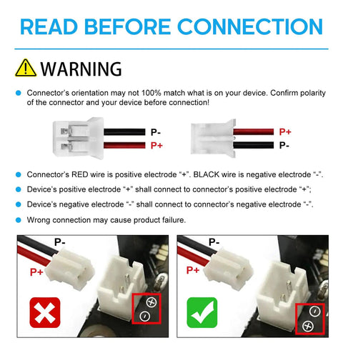 Instructional image for Four Pack 3.7V 1000mAh LiPo Batteries with PH2mm connector showing correct and incorrect wiring.