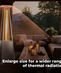 Outdoor patio with lit pyramid heater beside seating area at dusk, illustrating thermal range expansion.