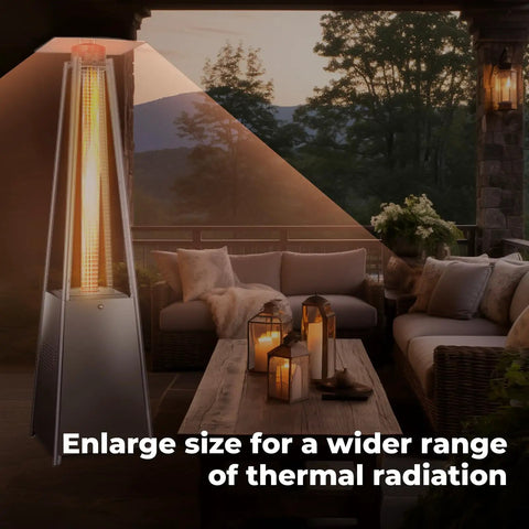 Outdoor patio with lit pyramid heater beside seating area at dusk, illustrating thermal range expansion.