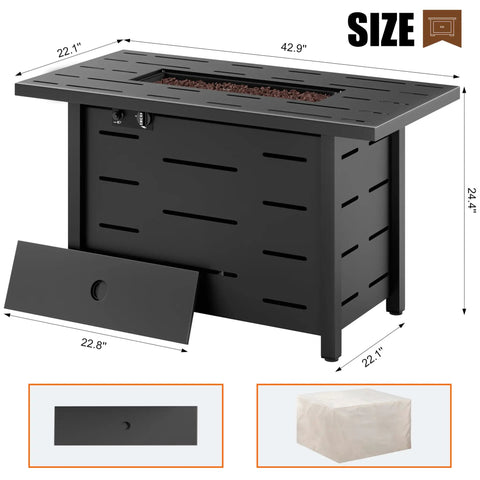 43 Inch Outdoor Propane Fire Pit Table With 50,000 BTU, Includes Lid And Waterproof Cover, Rectangle Gas Firepit, CSA Certified