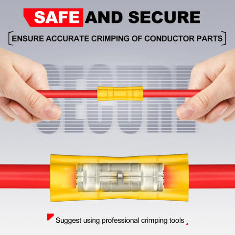 Airic UL-listed butt splice connector kit, yellow insulated for 22–10 AWG wires; close-up on red wire