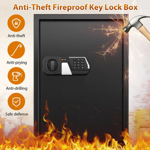 Fireproof 144 Key Safe Cabinet With Wall Mount Anti Theft Key Box With Combination Lock Adjustable Hook Plates And Tags Built Tough Steel Organizer for Home Office and Garage Storage Solution, frontal view