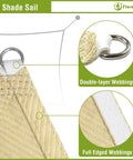 Close-up of corners and webbing of Beige Triangle Sun Shade Sail 6x6x6 Heavy Duty Canopy UV Block Air Permeable HDPE Shade Cloth