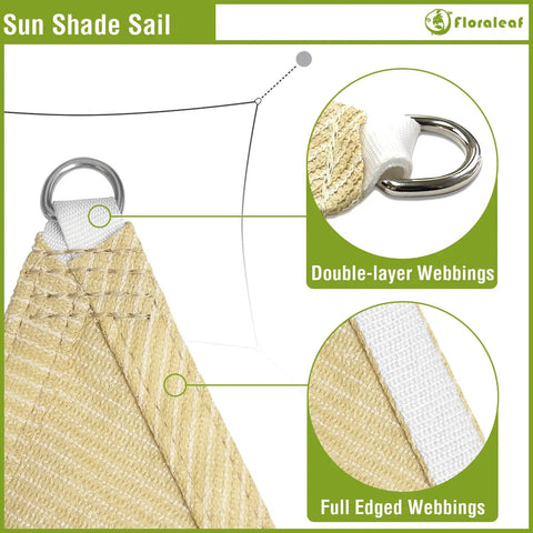 Close-up of corners and webbing of Beige Triangle Sun Shade Sail 6x6x6 Heavy Duty Canopy UV Block Air Permeable HDPE Shade Cloth