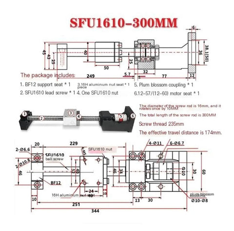 SFU1610 300mm Ball Screw With Ultra Low Backlash For CNC Machines, Smooth Rolling Friction, High Precision Linear Motion, Durable Bearing Steel Lead Screw For Milling, Routing, And 3D Printers with mounting dimensions
