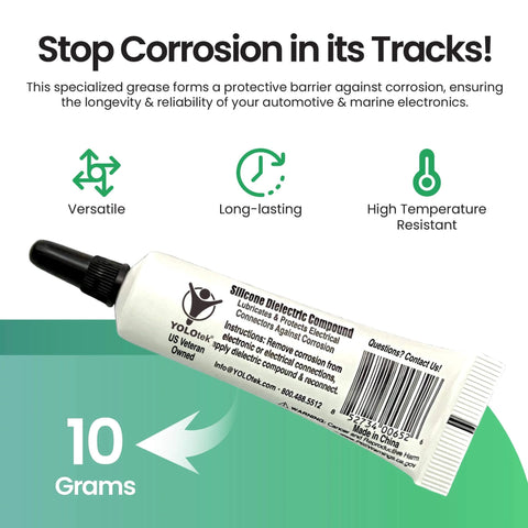 Silicone Dielectric Grease 10g tube for automotive and marine electrical connections, prevents corrosion, product shown in front view.