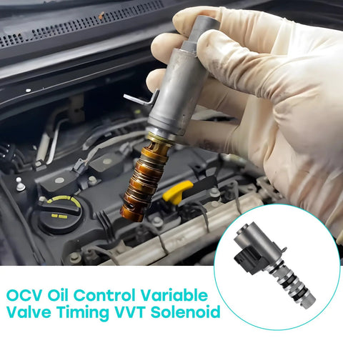 Hand holding VVT solenoid beside engine bay; 2 Pack VVT Variable Valve Timing Solenoid For 3.5L V6 Engines, Oil Control Valve Replacement Set Direct Fit