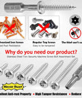 Built Tough Heavy Duty Stainless Steel Button Head Torx Sheet Metal Screws Security Tamper Proof Fasteners With T25 Bits For Garage Work And Outdoor Renovations 50 Pack set with T25 driver and assorted screws.