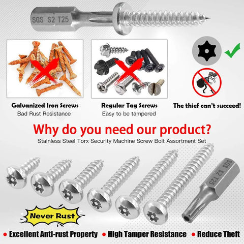 Built Tough Heavy Duty Stainless Steel Button Head Torx Sheet Metal Screws Security Tamper Proof Fasteners With T25 Bits For Garage Work And Outdoor Renovations 50 Pack set with T25 driver and assorted screws.