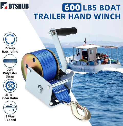 Beefy Heavy Duty Hand Winch 600 Lbs Gear Winch with 21 Cm Handle Crank on boat trailer, polyester strap and hook visible