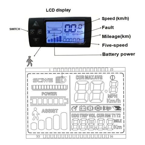 LCD display from Beefy 1500W 48V Rear Hub Ebike Conversion Kit with speed, mileage, and battery indicators for 26x4 fat tire bikes.
