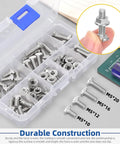 Kickass M5 T Slot Drop In Bolts With Hexagon Flange Nuts 80 Pc Kit 10 12 16 20 MM inside a clear organizer box.