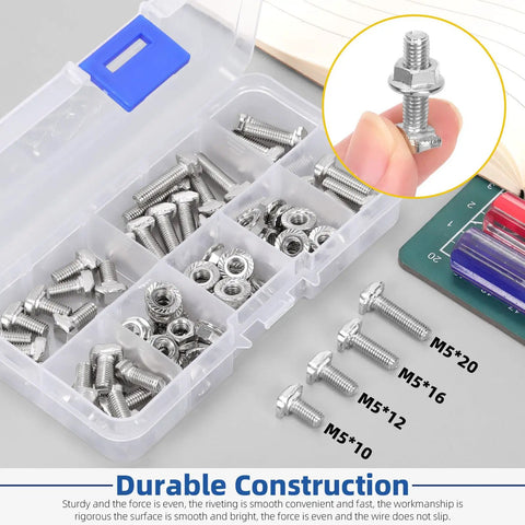 Kickass M5 T Slot Drop In Bolts With Hexagon Flange Nuts 80 Pc Kit 10 12 16 20 MM inside a clear organizer box.