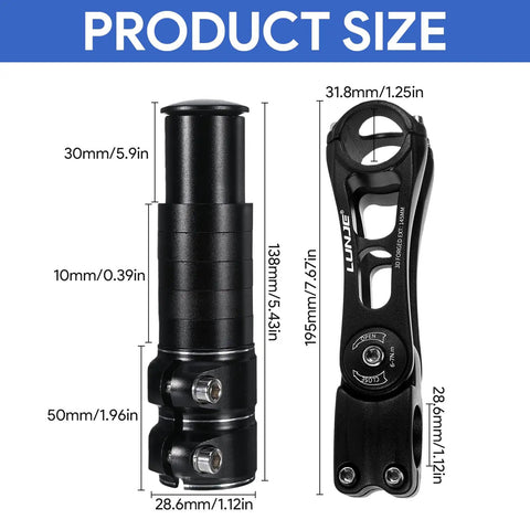 Adjustable Bike Stem Riser And Handlebar Extender For 31.8mm Bars Universal, size dimensions shown in millimeters and inches