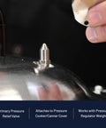Vent Pipe For Pressure Cookers And Canners Primary Pressure Relief Valve With Automatic Control on stainless lid.