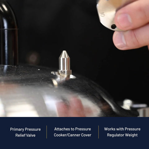 Vent Pipe For Pressure Cookers And Canners Primary Pressure Relief Valve With Automatic Control on stainless lid.