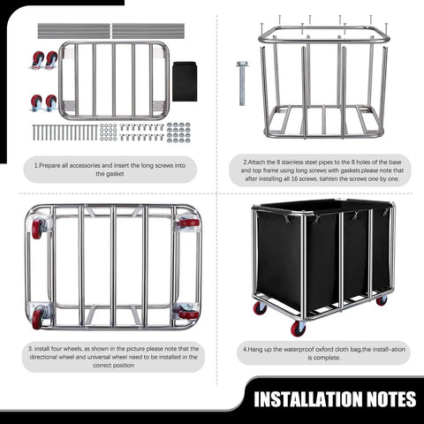 Heavy Duty 400L Rolling Laundry Cart With Steel Frame And Oxford Cloth For Home And Hotel Use Industrial Laundry Cart On Wheels 440 Lb Load Capacity Built To Last In Busy Laundry Rooms 35.4 Inch By 25.6 Inch By 31.5 Inch installation guide with parts displayed in assembly steps
