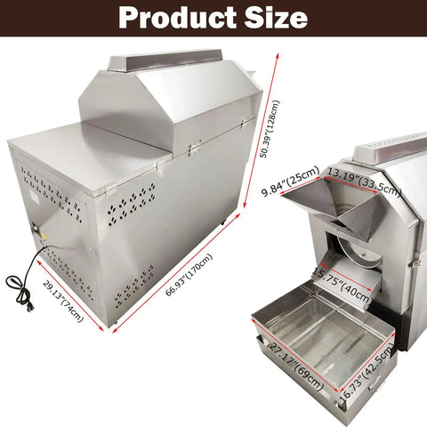 Commercial Gas Coffee Roaster With 110 Lb Drum Capacity For Roasting Beans Nuts Seeds Chestnuts Peanuts Walnuts And More Beefy Heavy Duty Single Phase 220V Drum Roasting Machine featuring stainless steel build and dimensions